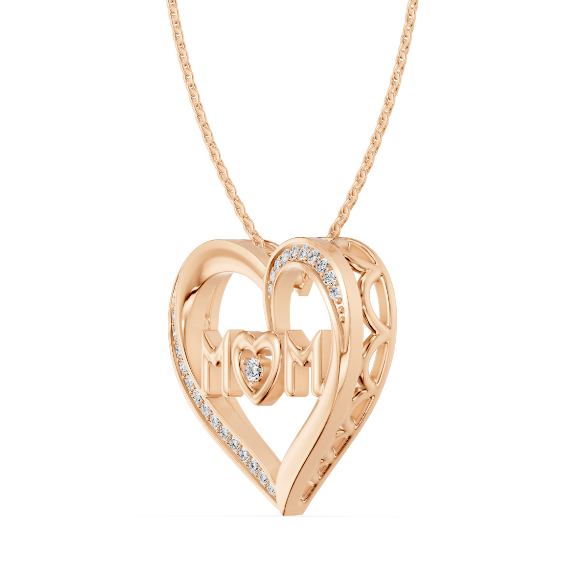 Reverra 14K Gold Round Cut Lab Grown Diamond Heart Shape Floating Letter 'MoM' Pendant 0.12-CTTW