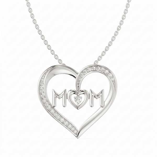 Reverra 14K Gold Round Cut Lab Grown Diamond Heart Shape Floating Letter 'MoM' Pendant 0.12-CTTW