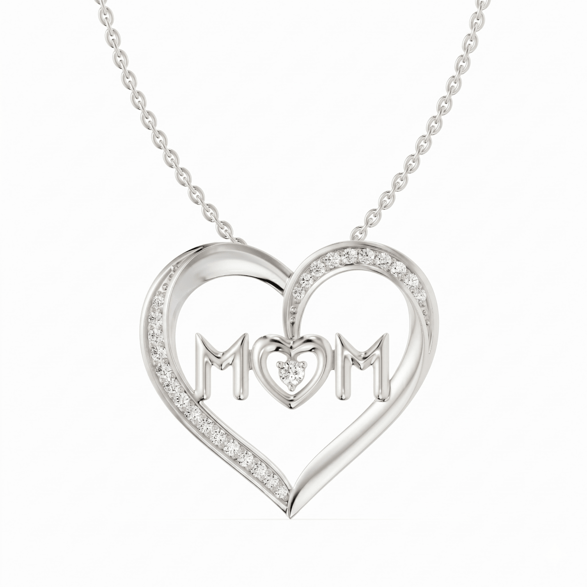 Reverra 14K Gold Round Cut Lab Grown Diamond Heart Shape Floating Letter 'MoM' Pendant 0.12-CTTW
