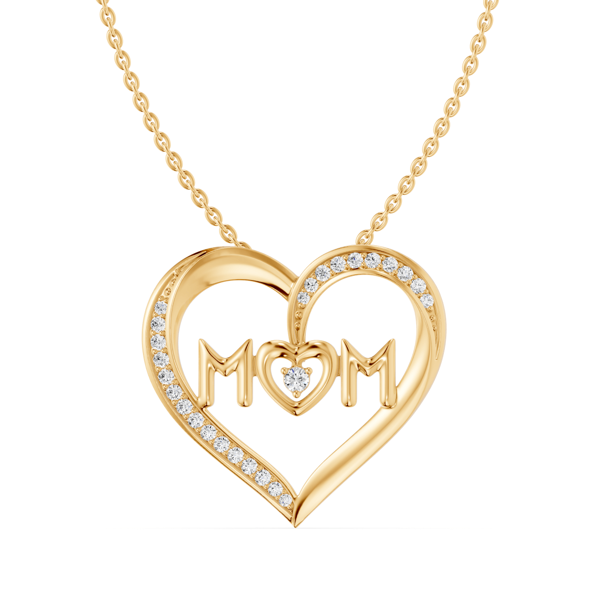 Reverra 14K Gold Round Cut Lab Grown Diamond Heart Shape Floating Letter 'MoM' Pendant 0.12-CTTW