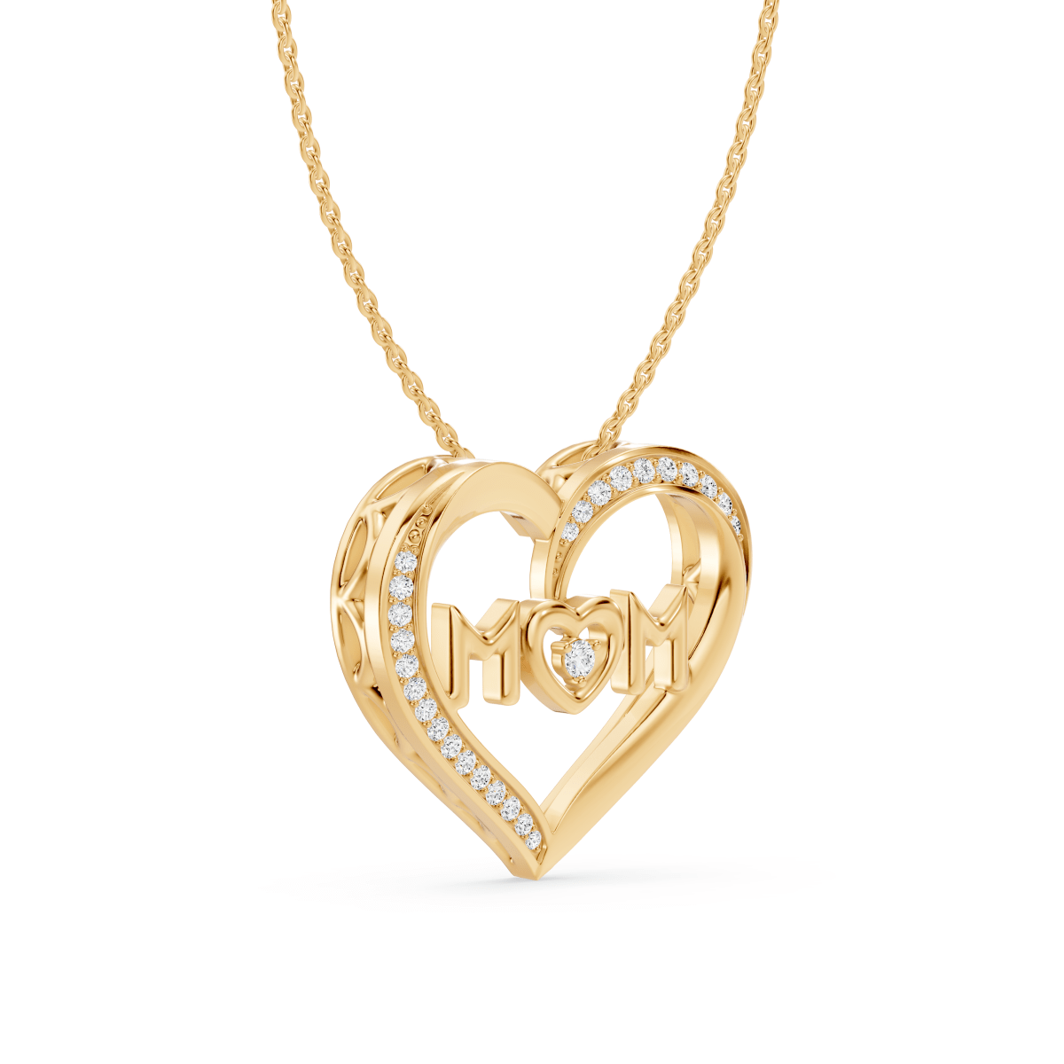 Reverra 14K Gold Round Cut Lab Grown Diamond Heart Shape Floating Letter 'MoM' Pendant 0.12-CTTW