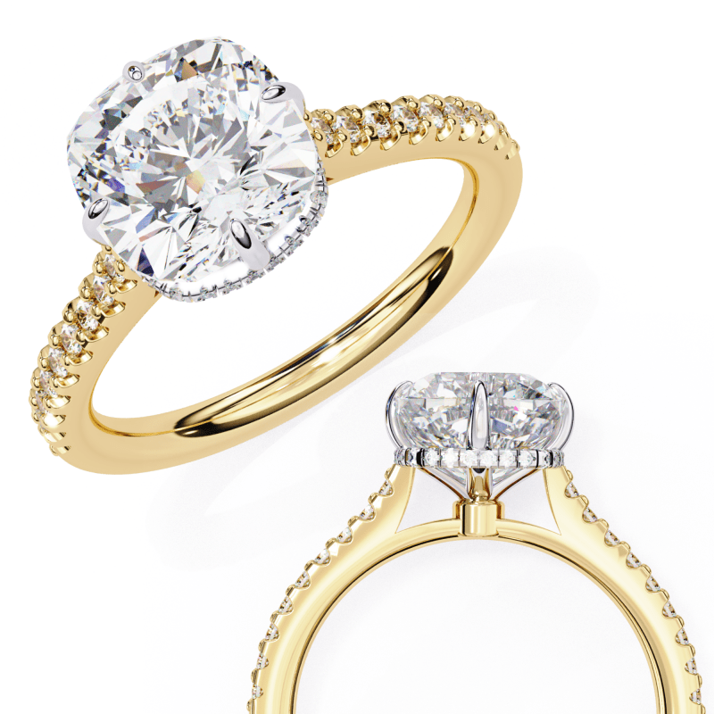 Reverra 14K Gold Cushion & Round Lab Grown Diamond Hidden Halo Engagement Ring for Women, CTTW-3.4 - Reverra Jewels Inc.