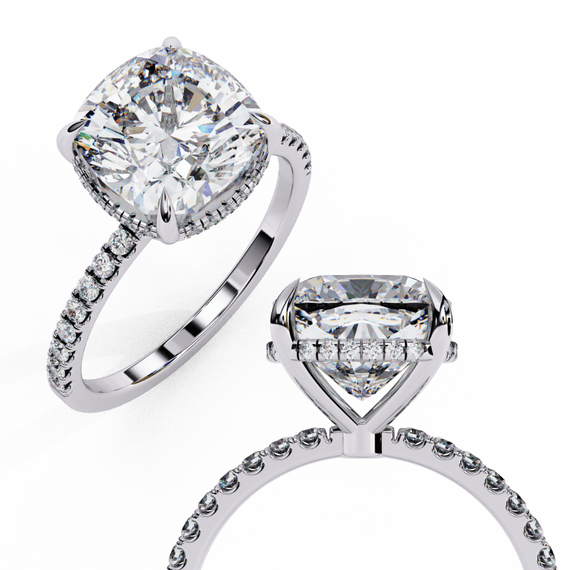 Reverra 14K Gold Cushion & Round Lab Grown Diamond Hidden Halo Engagement Ring for Women, CTTW-3.53 - Reverra Jewels Inc.