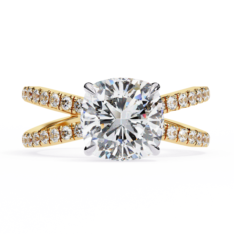 Reverra 14K Gold Cushion & Round Lab Grown Diamond Split Shank Double Band Engagement Ring for Women, CTTW-2.45 - Reverra Jewels Inc.