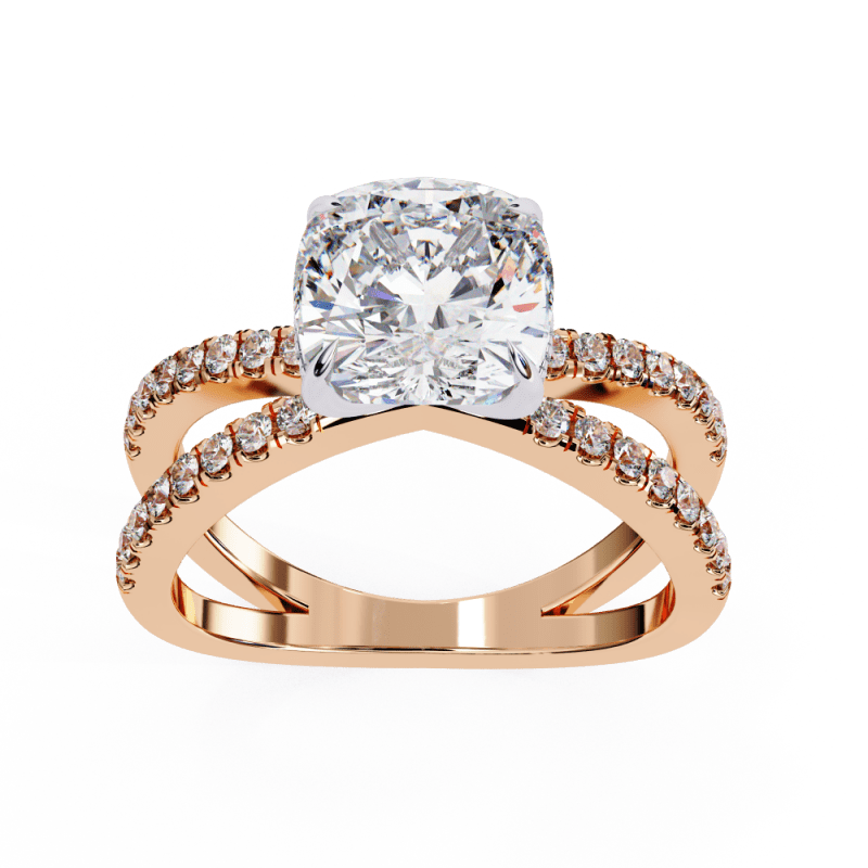 Reverra 14K Gold Cushion & Round Lab Grown Diamond Split Shank Double Band Engagement Ring for Women, CTTW-2.45 - Reverra Jewels Inc.