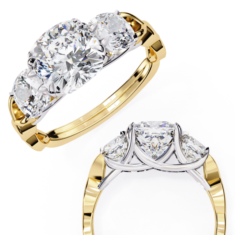 Reverra 14K Gold Cushion Three-Stone Lab Grown Diamond Engagement Ring for Women, CTTW-3.49 - Reverra Jewels Inc.