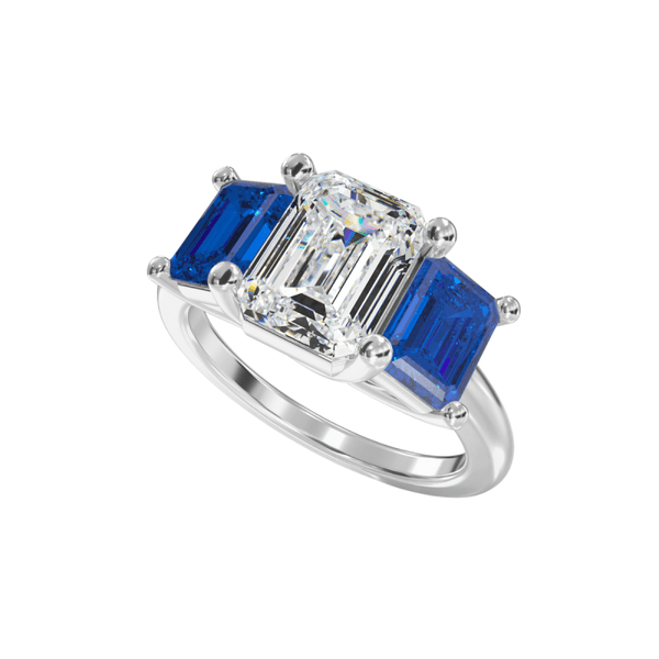 Reverra 14K Gold Emerald Cut IGI Certified Lab Diamond Center with Gemstone Side Accents Anniversary Ring, CTTW-2 - Reverra Jewels Inc.