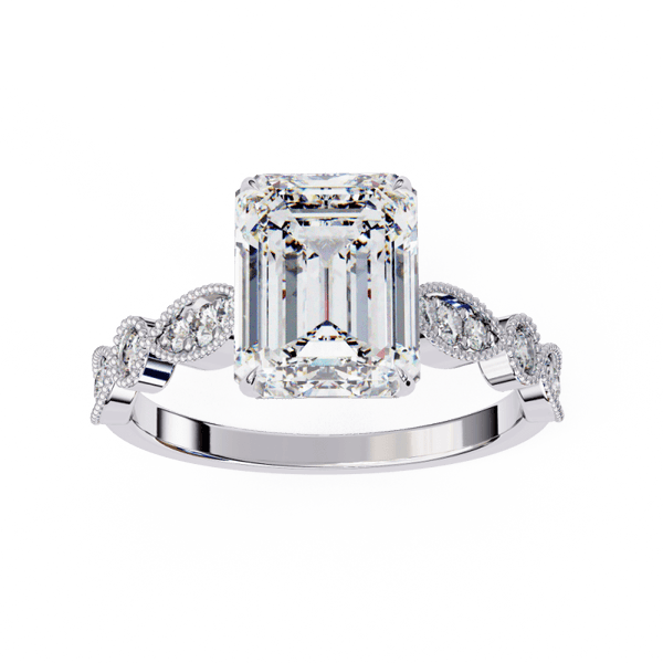 Reverra 14K Gold Emerald & Round Lab Grown Diamond Vintage Milgrain Engagement Ring for Women, CTTW-2.8 - Reverra Jewels Inc.