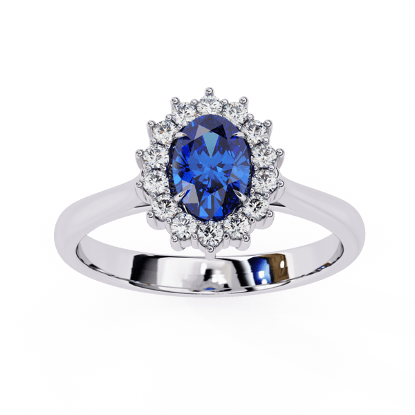Reverra 14K Gold Oval & Round Lab Grown Diamond Blue Sapphire Halo Engagement Ring for Women, CTTW-2.04 - Reverra Jewels Inc.