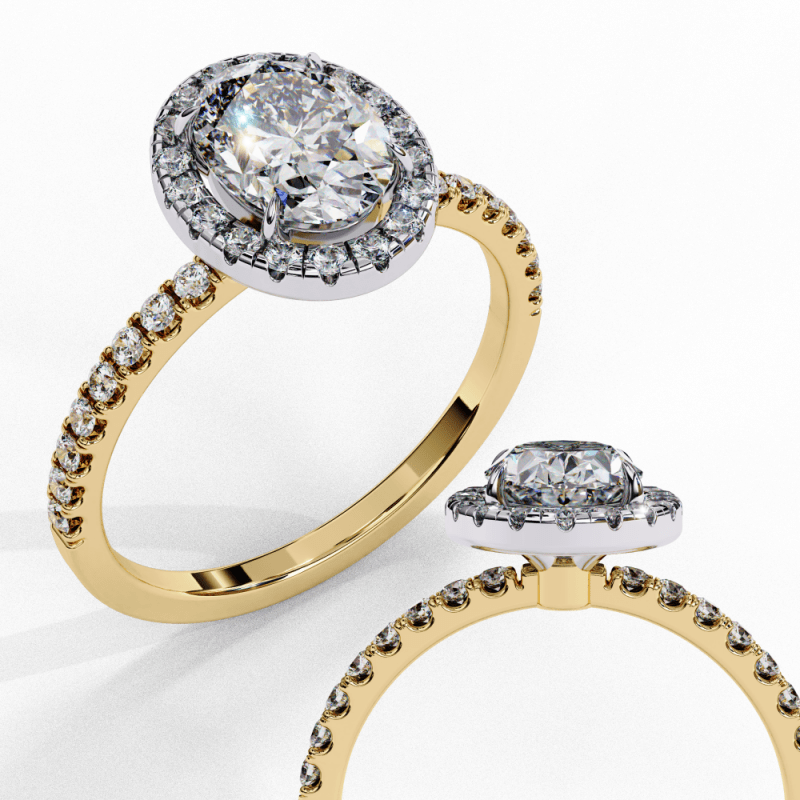 Reverra 14K Gold Oval & Round Lab Grown Diamond Halo with Pave Band Engagement Ring for Women, CTTW-1.42 - Reverra Jewels Inc.