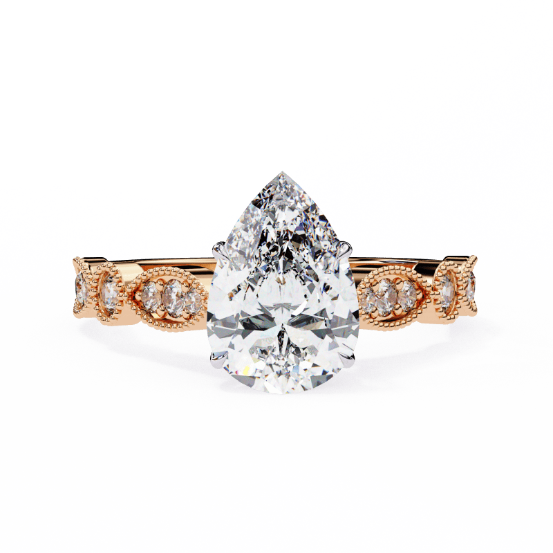 Reverra 14K Gold Pear & Round Lab Grown Diamond Solitaire Vintage Milgrain Engagement Ring for Women, CTTW-1.13 - Reverra Jewels Inc.