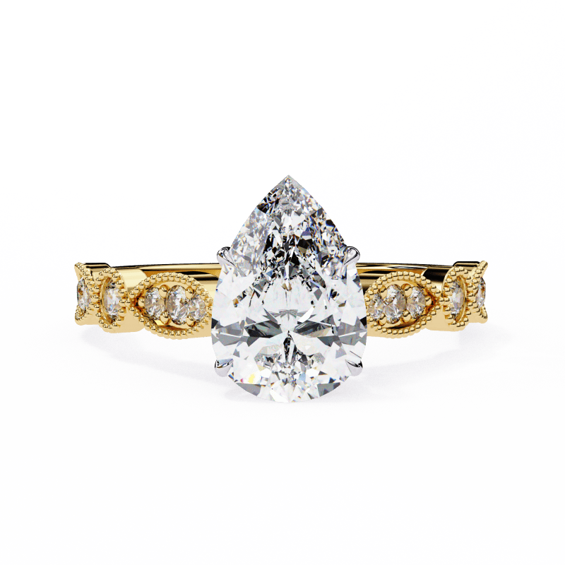 Reverra 14K Gold Pear & Round Lab Grown Diamond Solitaire Vintage Milgrain Engagement Ring for Women, CTTW-1.13 - Reverra Jewels Inc.