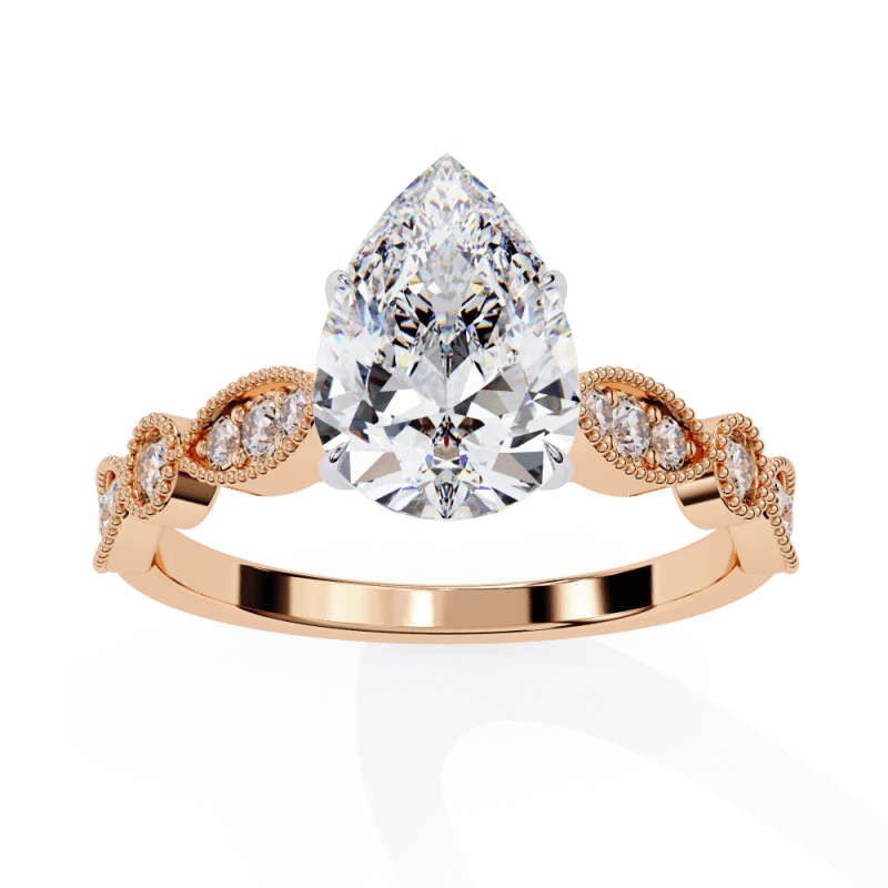 Reverra 14K Gold Pear & Round Lab Grown Diamond Solitaire Vintage Milgrain Engagement Ring for Women, CTTW-1.13 - Reverra Jewels Inc.