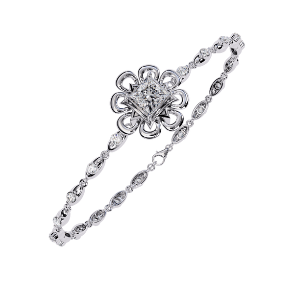 Reverra 14K Gold Princess & Round Lab Grown Diamond Floral Tennis Bracelets for Women, CTTW-2.11 - Reverra Jewels Inc.