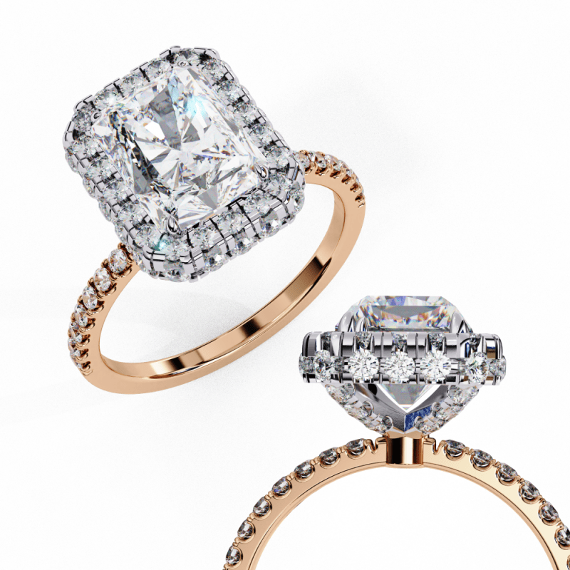 Reverra 14K Gold Radiant & Round Lab Grown Diamond Double Halo Engagement Ring for Women, CTTW-2.93 - Reverra Jewels Inc.