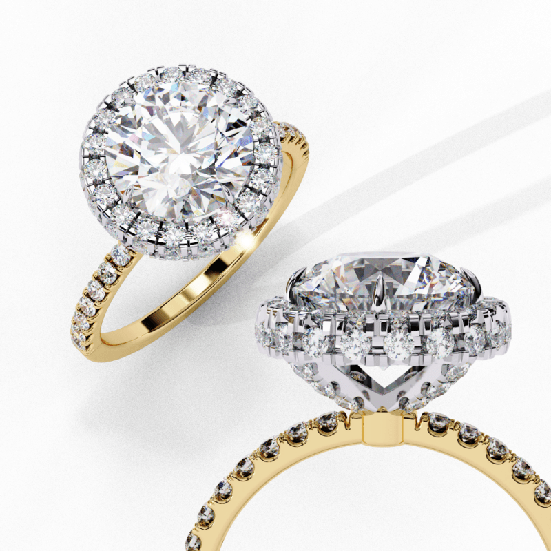 Reverra 14K Gold Round Lab Grown Diamond with Pave Band Double Halo Engagement Ring for Women, CTTW-2.9 - Reverra Jewels Inc.