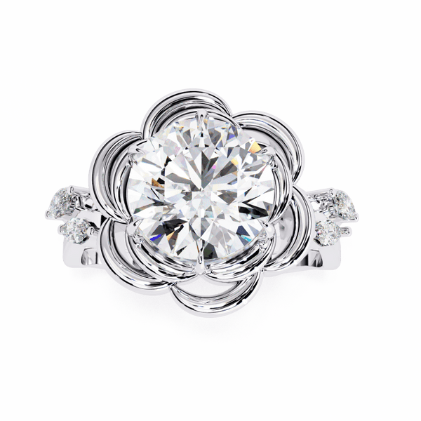 Reverra 14K Gold Round & Marquise Lab Grown Diamond Lotus Design Engagement Ring for Women, CTTW-2.21 - Reverra Jewels Inc.