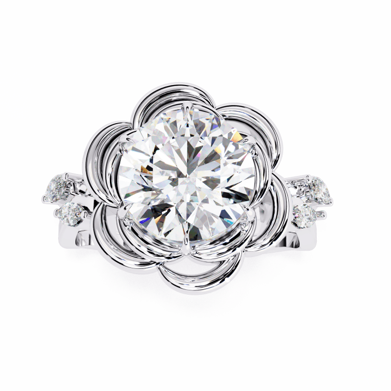 Reverra 14K Gold Round & Marquise Lab Grown Diamond Lotus Design Engagement Ring for Women, CTTW-2.21 - Reverra Jewels Inc.